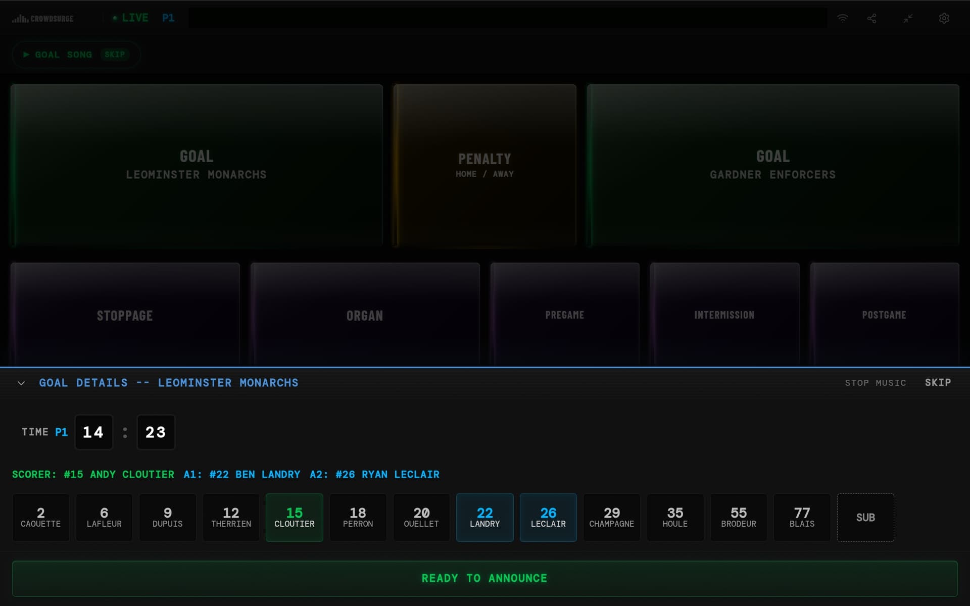 Goal entry drawer with scorer and assists selected, ready to announce