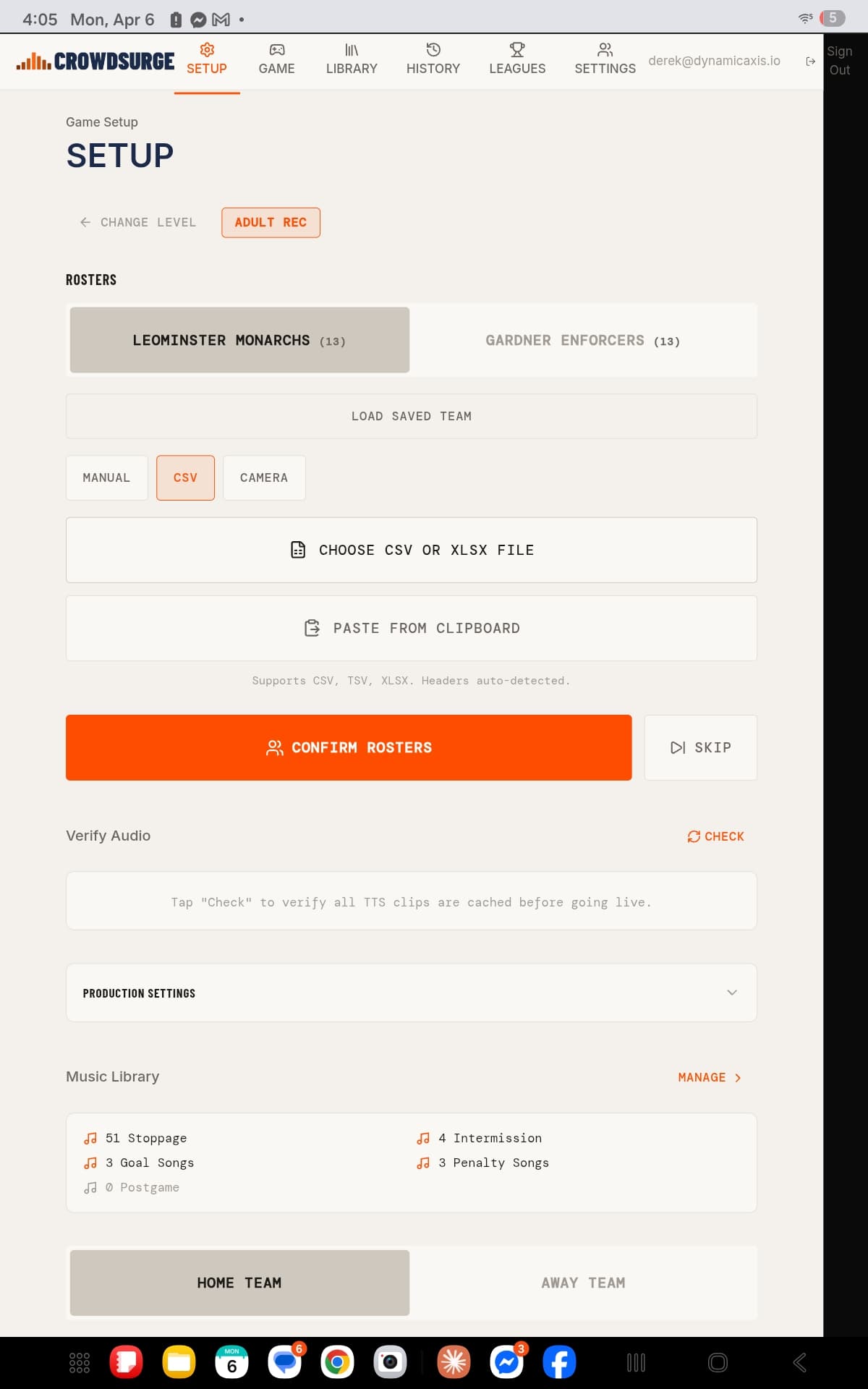 CrowdSurge setup page on a 10-inch tablet showing roster entry for the away team