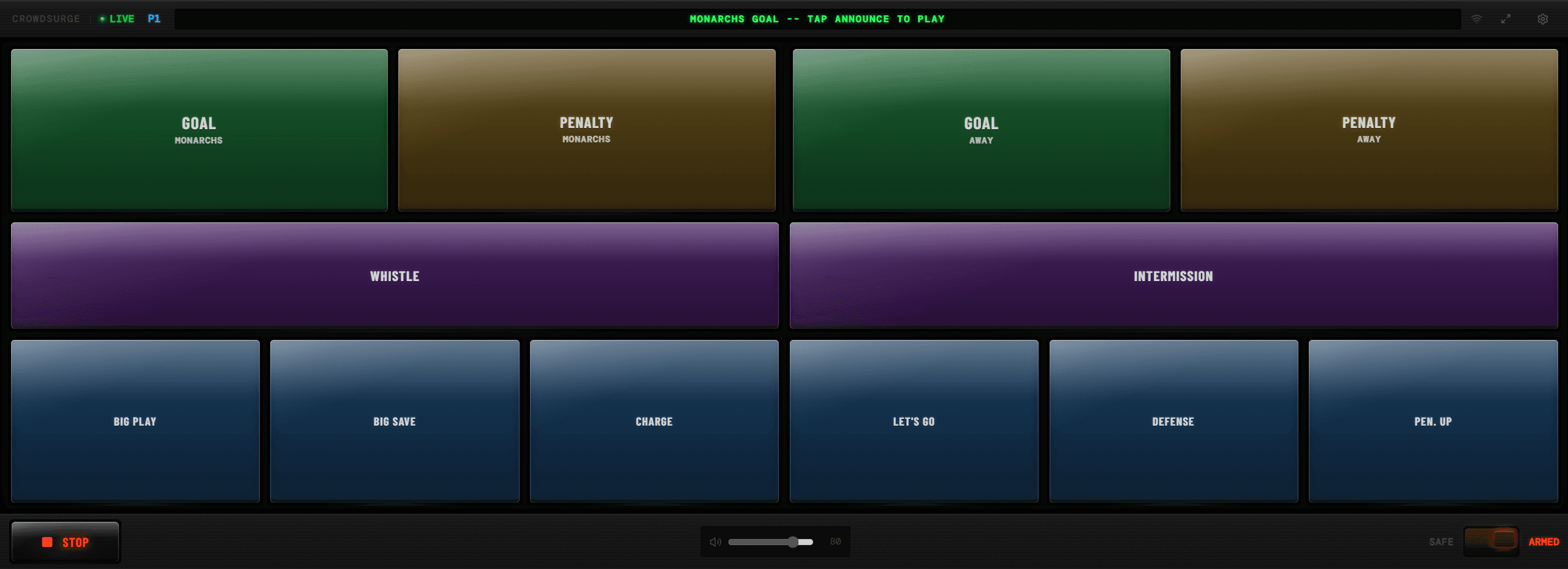 CrowdSurge game console with goal, penalty, music, and crowd SFX buttons