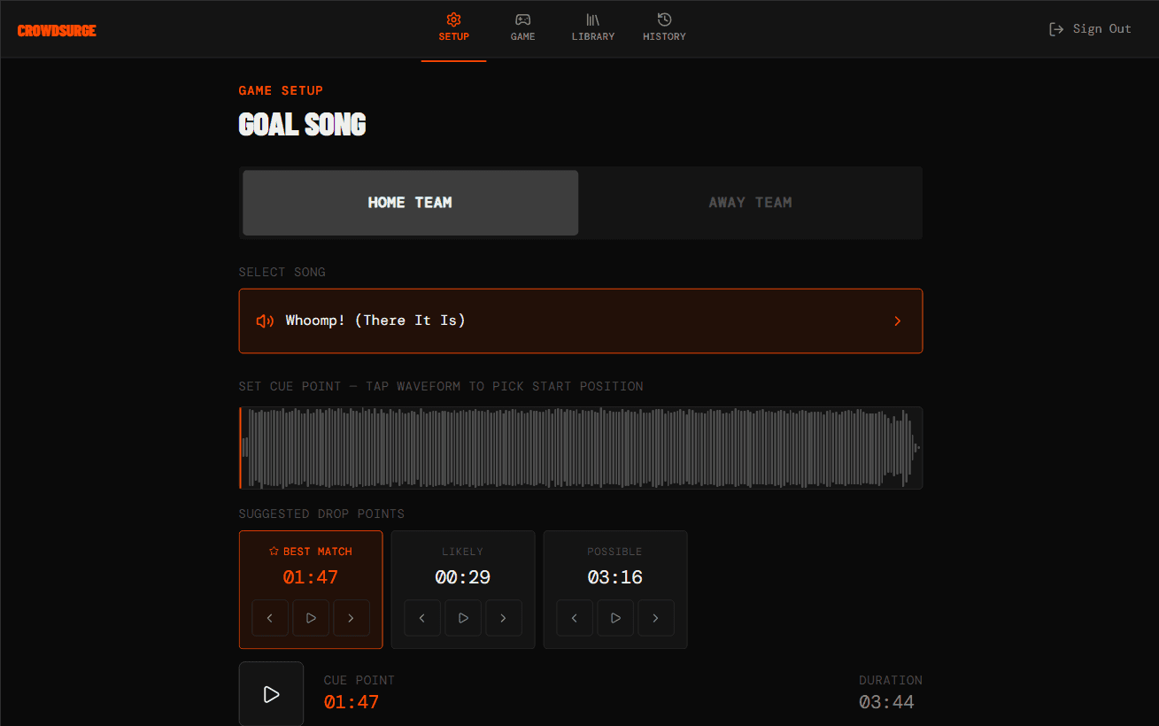 Goal song setup with waveform editor and auto-suggested drop points